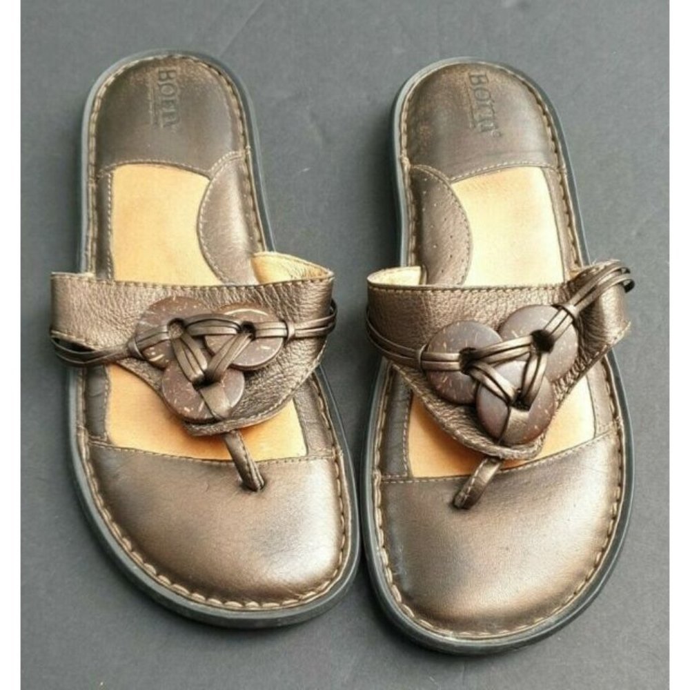 Born Bronze Leather Casual Slide Thong Flip Flop Sandals Shoes Women's 8 / EU 39